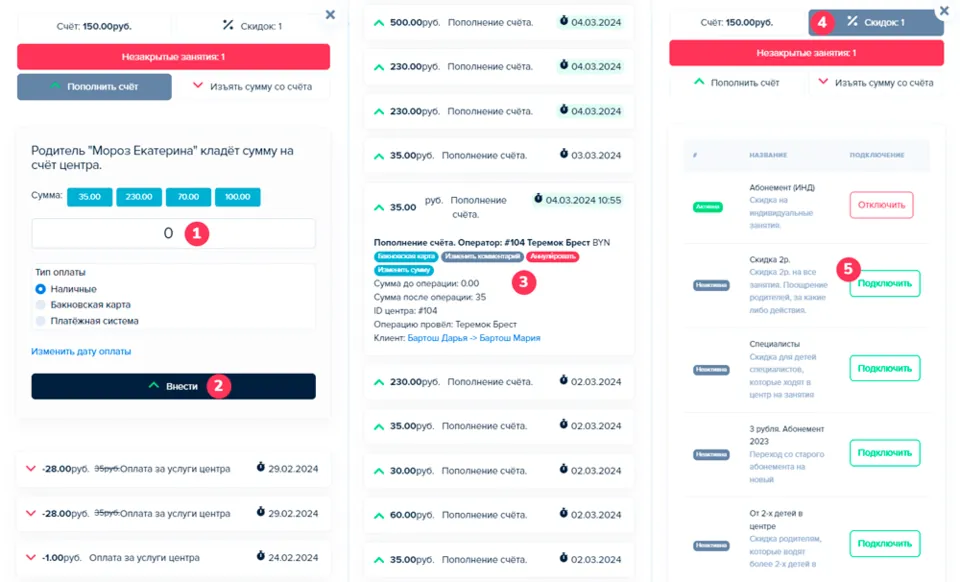 Финансовый раздел LogoSky с оплатами и балансом семьи